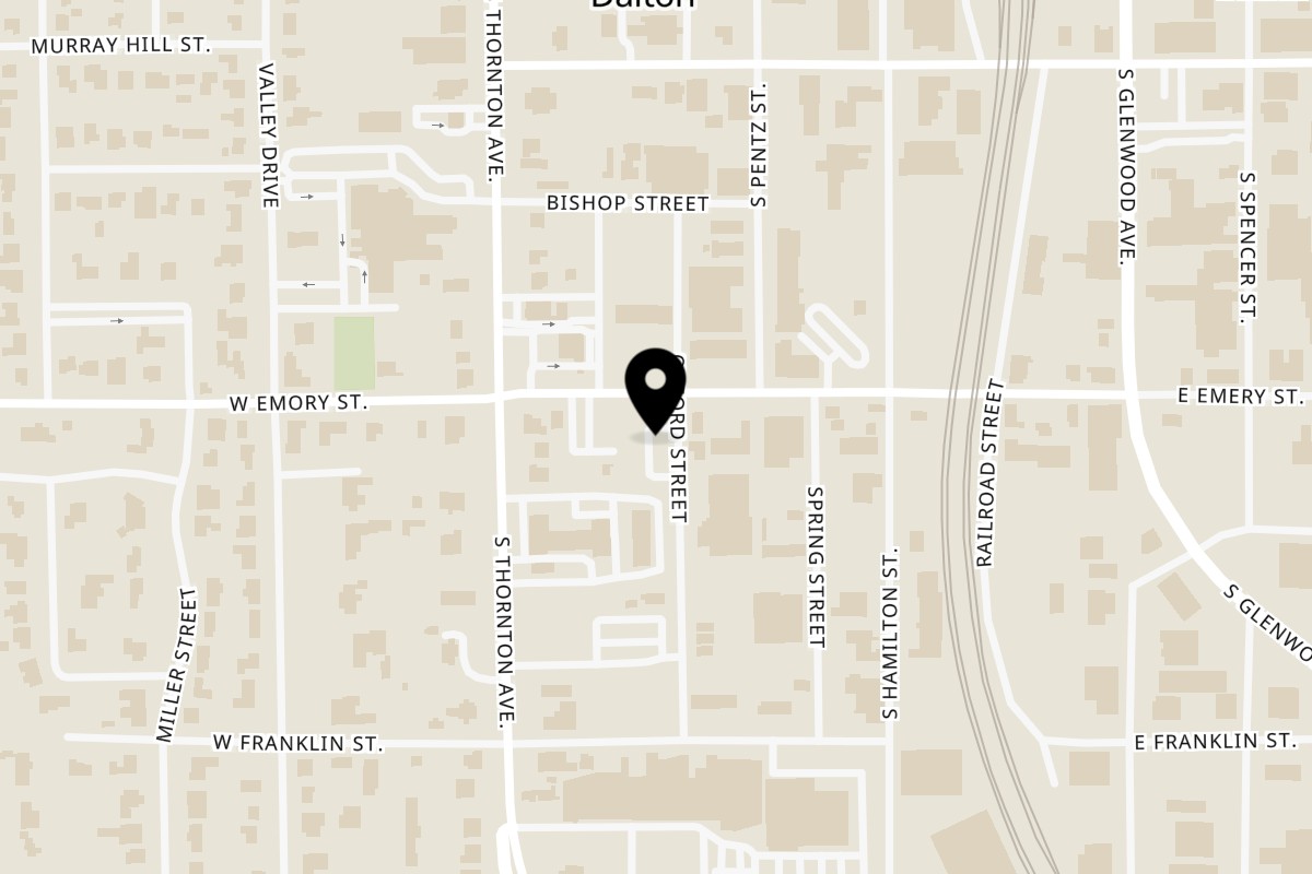 Map showing the location of Willie’s Famous Burgers & Fries on 301 W Emery St in Dalton